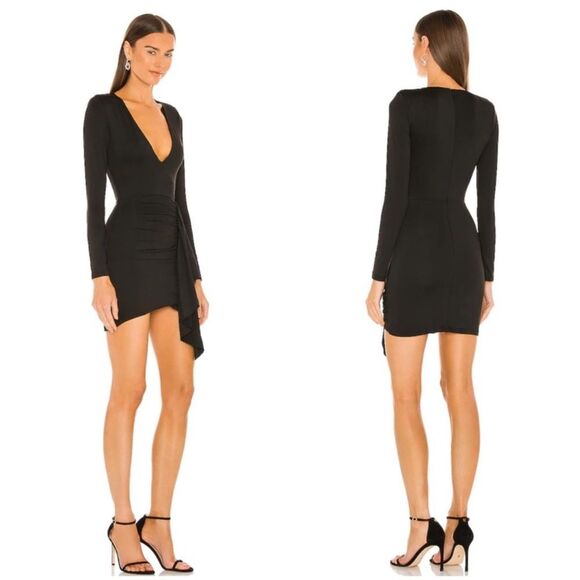 Superdown Revolve Martyna Deep V Black Ruffle Long Sleeve Mini Dress Size Medium - Picture 3 of 11